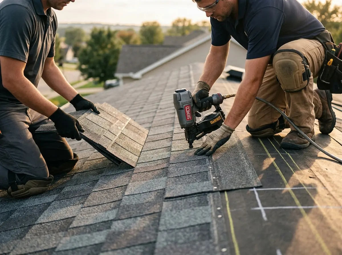 Professional roofer working on a residential roof in Branchburg